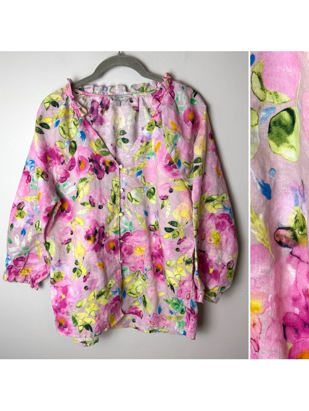 Hester & Orchard Blouse Size Large Top 3/4 Sleeves Floral Linen Cotton Blend